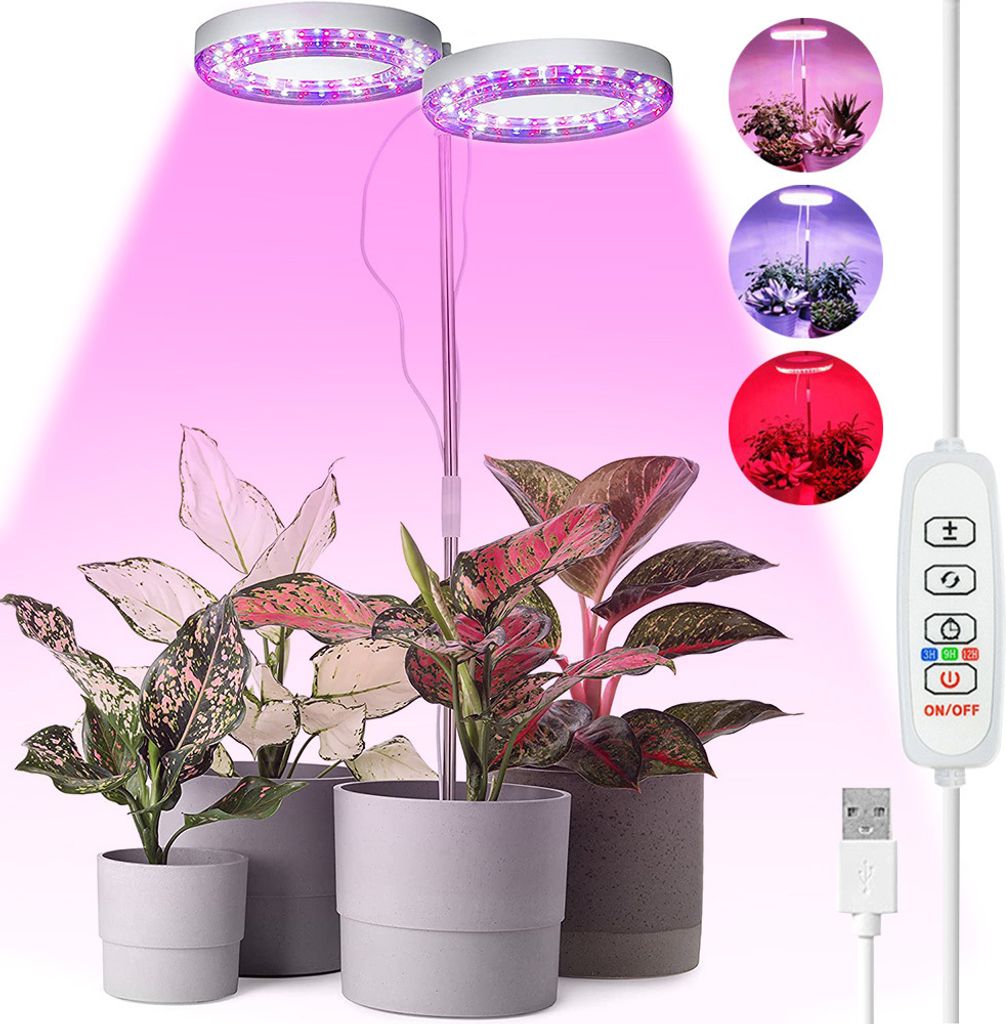LED Pflanzenlampe Vollspektrum Dimmbar Höhenverstellbar bis 60cm,Led Grow Lampe 3Modi Timer,Wachstumslampe für Zimmerpflanzen Gewächshaus(2 Ring)