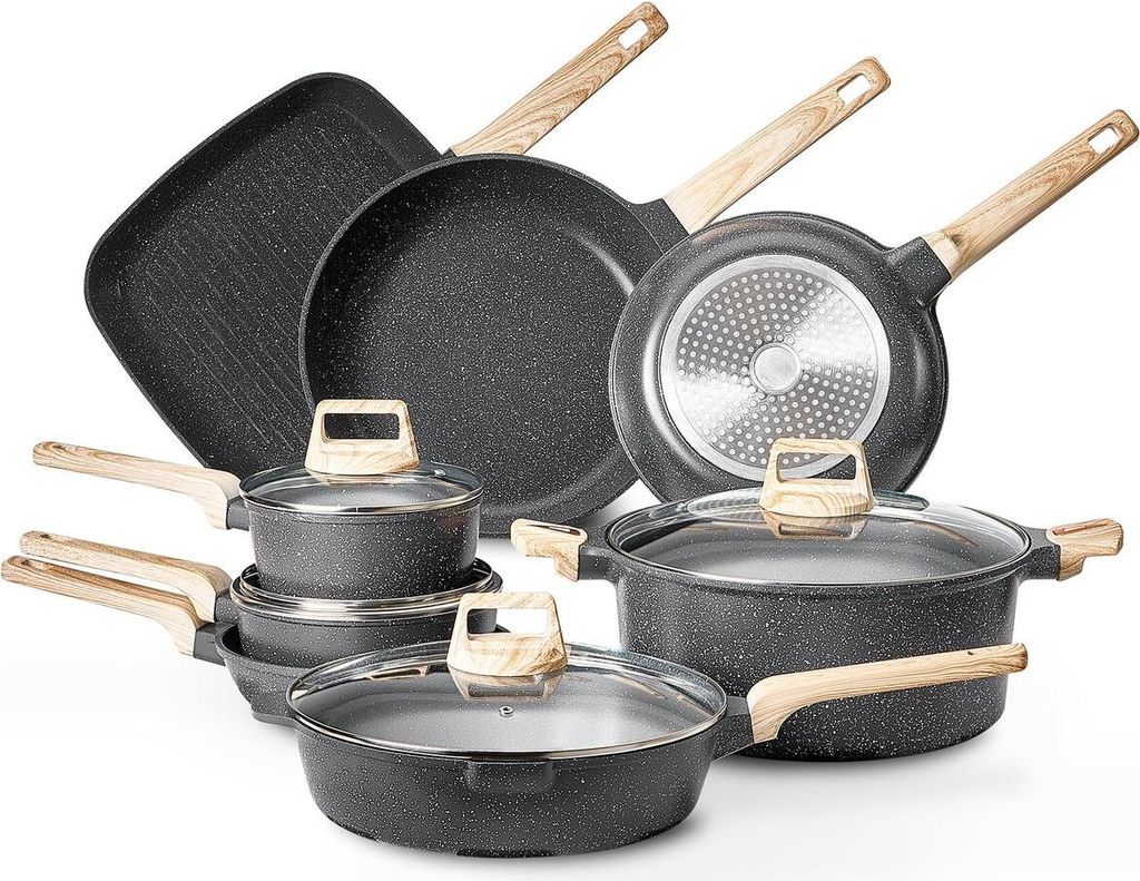 19 Piece Pots and Pans Set Granite Nonstick Kitchen Cookware Black