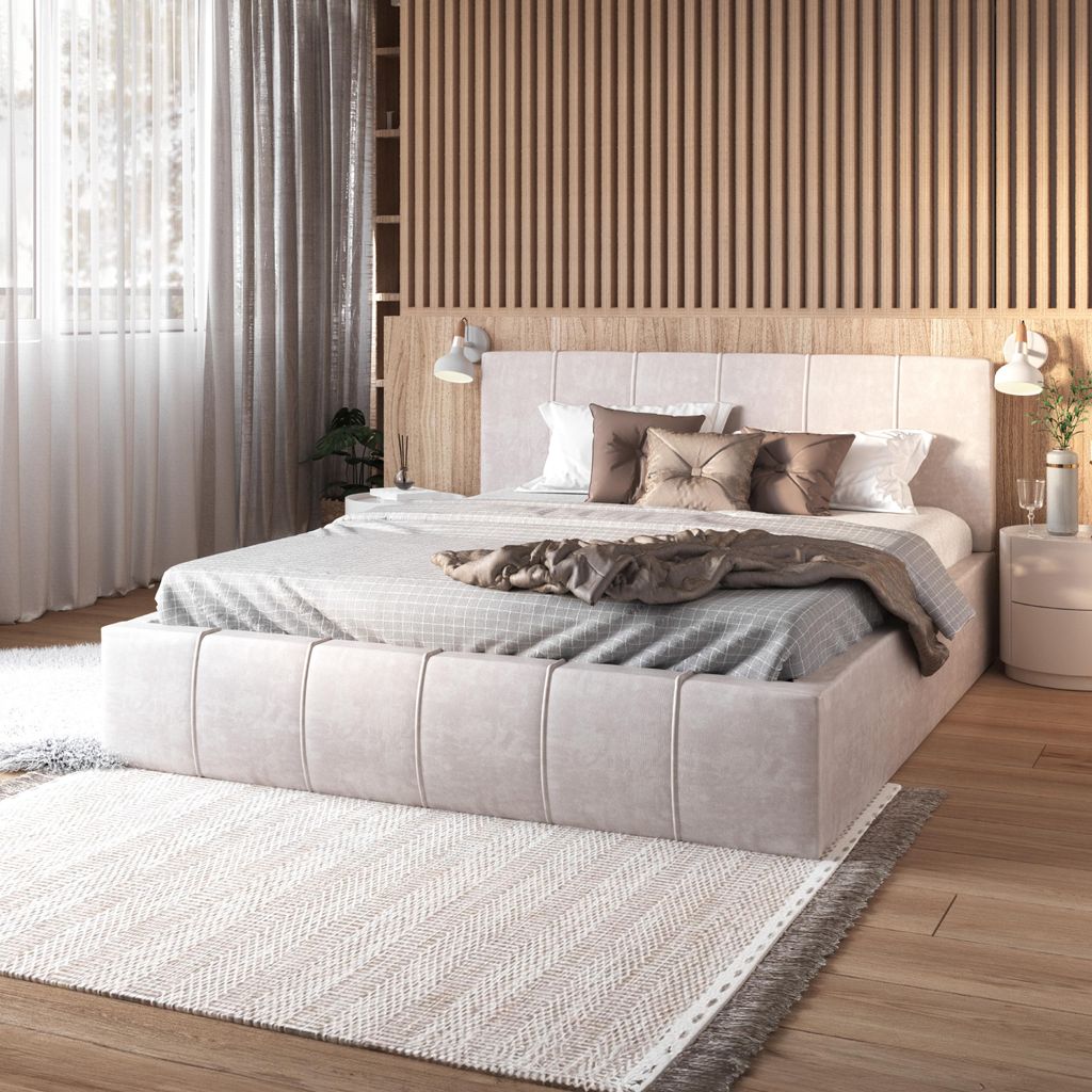 FDM Bett FLORIDA Trinity 90x200 cm Polsterbett mit Lattenrost aus Metall Bettkasten Stauraumbett Samt beige