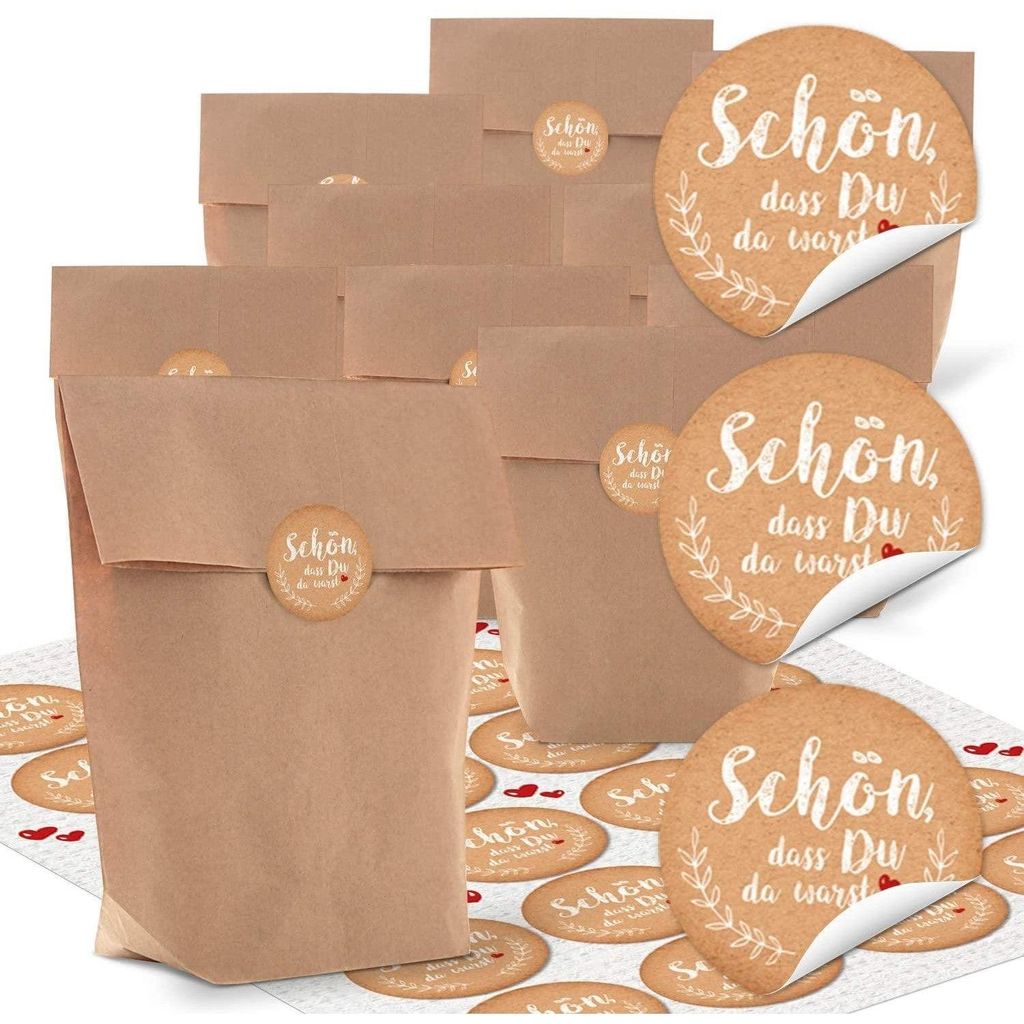 24 kleine Papiertüten braun natur 16,5 x 26 x 6,6 cm + 24 runde Aufkleber schwarz weiß MERCI DANKE französisch Tafel Kreide Verpackung Kraftpapi...