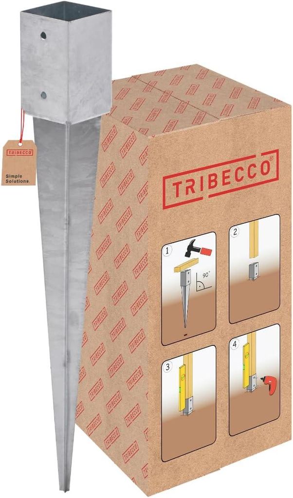 A galvanized steel post anchor and its packaging are shown.
