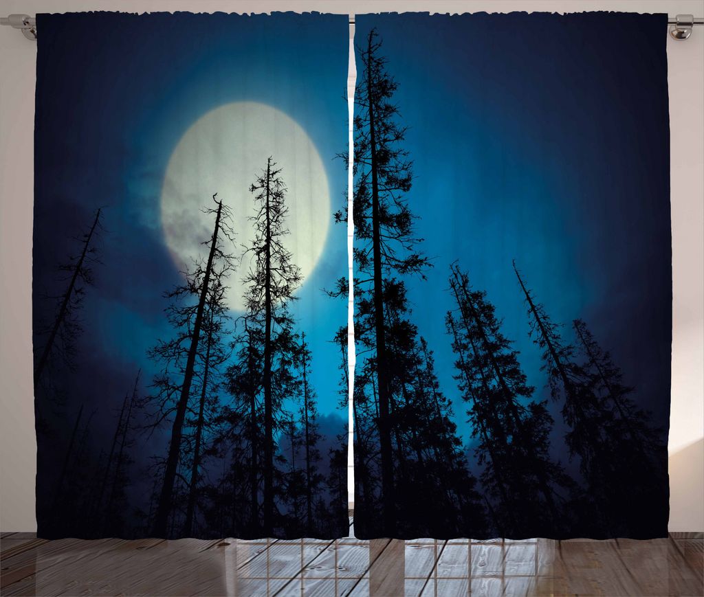 ABAKUHAUS Dunkelblau Rustikaler Vorhang, Spuk Wald Mond, Wohnzimmer Universalband Gardinen mit Schlaufen und Haken, 280 x 225 cm, Weiß Schwarz Blau