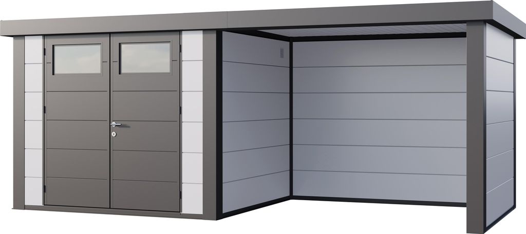 Telluria Metallgerätehaus Classico 2724 mit Lounge Anbau weiß Lounge-Anbau rechts