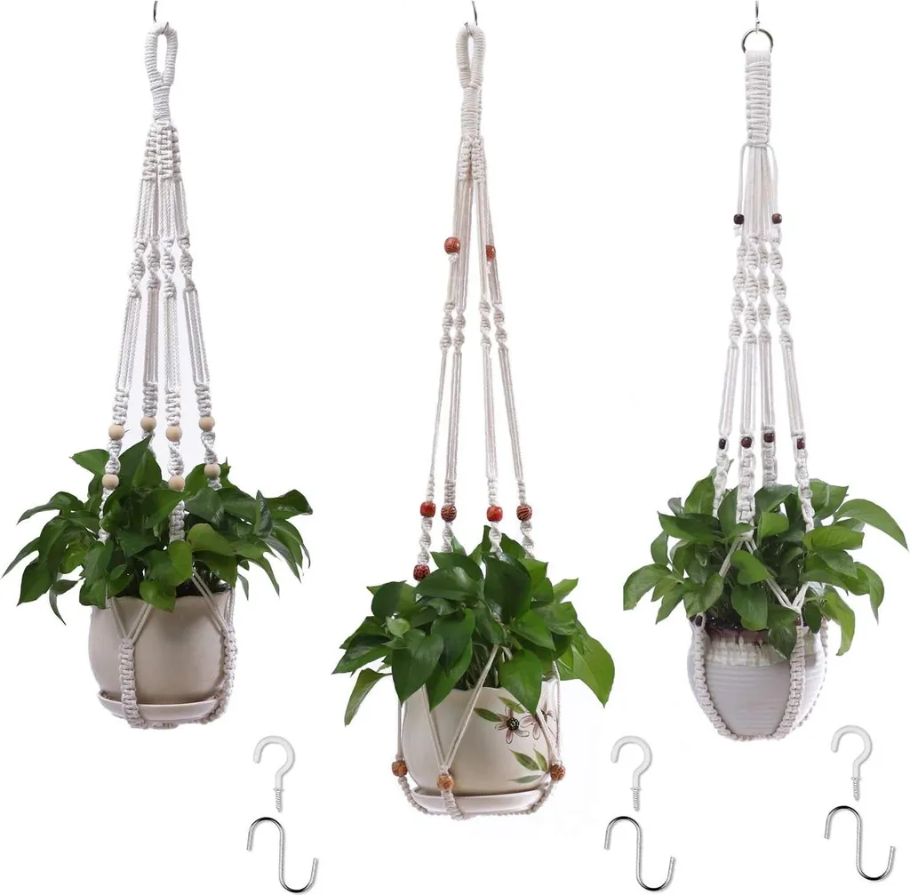 Suspension pour plantes macramé en coton naturel avec perles bois x3