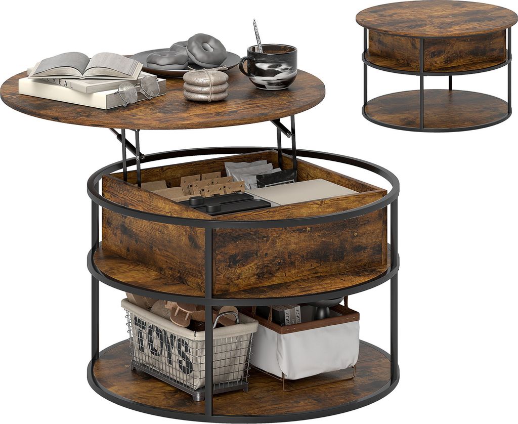 A round lift-top coffee table with multiple storage levels, shown with books, donuts, and a mug on the top surface, and baskets on the lower shelves.