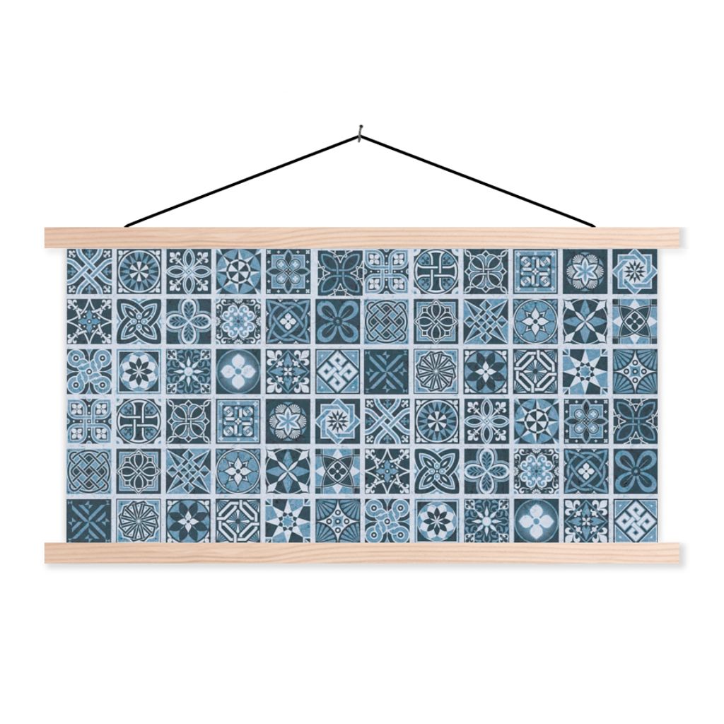MuchoWow Textilposter Blumen - Blau - Muster - Figuren 120x60 cm mit holzfarbenen Rahmen - Klemmleiste