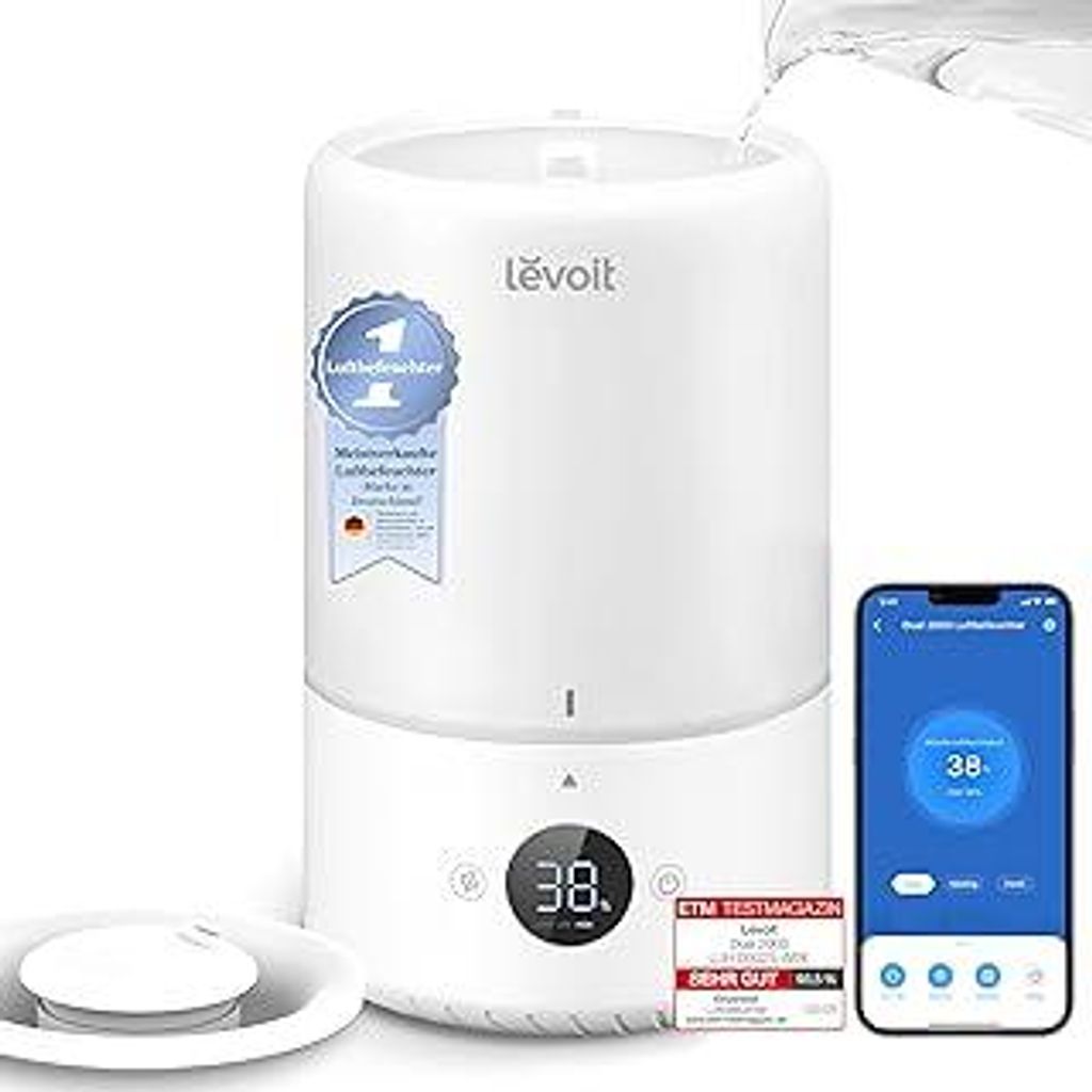 Levoit 19dB leise Top-Fill Luftbefeuchter, Smart Humidifier für Schlafzimmer, Baby, Luftfeuchtigkeit Sensor, Raumbefeuchter mit 360°Drehdüse fü...