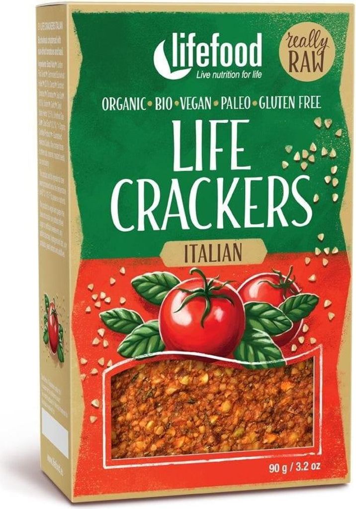 KRAKERSY GRYCZANE Z SUSZONYMI POMIDORAMI I BAZYLIĄ RAW BEZ DODATKU CUKRÓW BEZGLUTENOWE BIO 90 g - LIFEFOOD