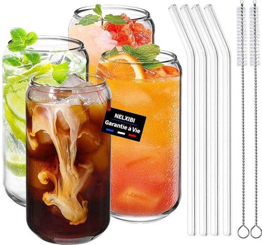 Bambusdekorierte Cocktailgläser mit Glasrohr, 4 Stück, 460 ml, transparent, ohne Deckel