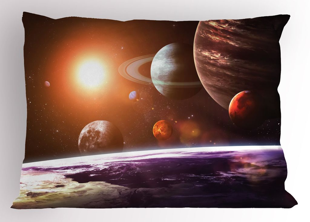 ABAKUHAUS Galaxis Kopfkissenbezug, Space Theme Blick auf die Planeten von Earth Science Room Art mit Sonne und Mond, 40x80 cm, Magenta orange