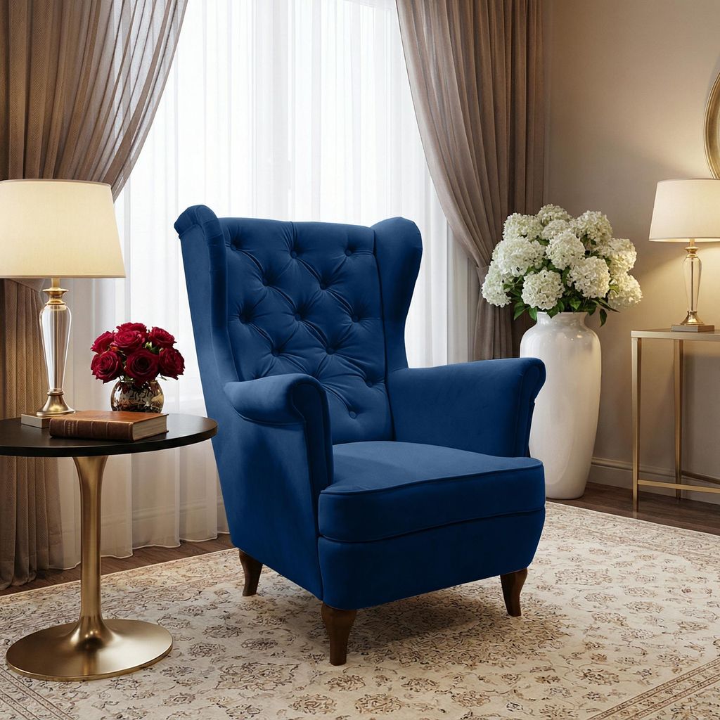 Dunkelblau Ohrensessel aus Velours Falco 86 cm Sessel mit Produktbild 