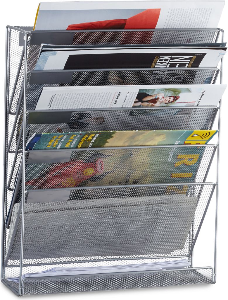relaxdays Wandprospekthalter silber DIN A4 quer 6 Fächer
