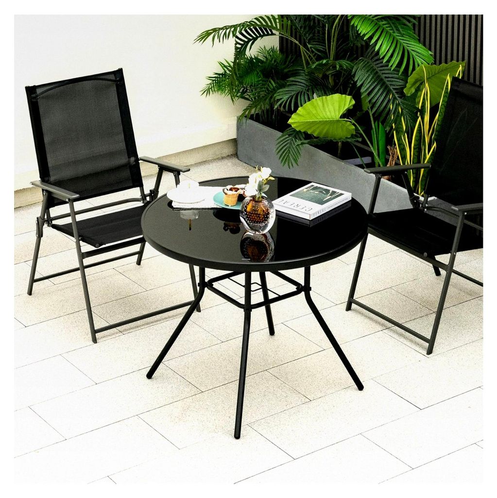 Runder Gartentisch 86 cm, Outdoor Bistrotisch mit Glasplatte und Metallrahmen, Terrassentisch mit 3,5 cm Schirmloch, Beistelltisch für Balkon, Gar...