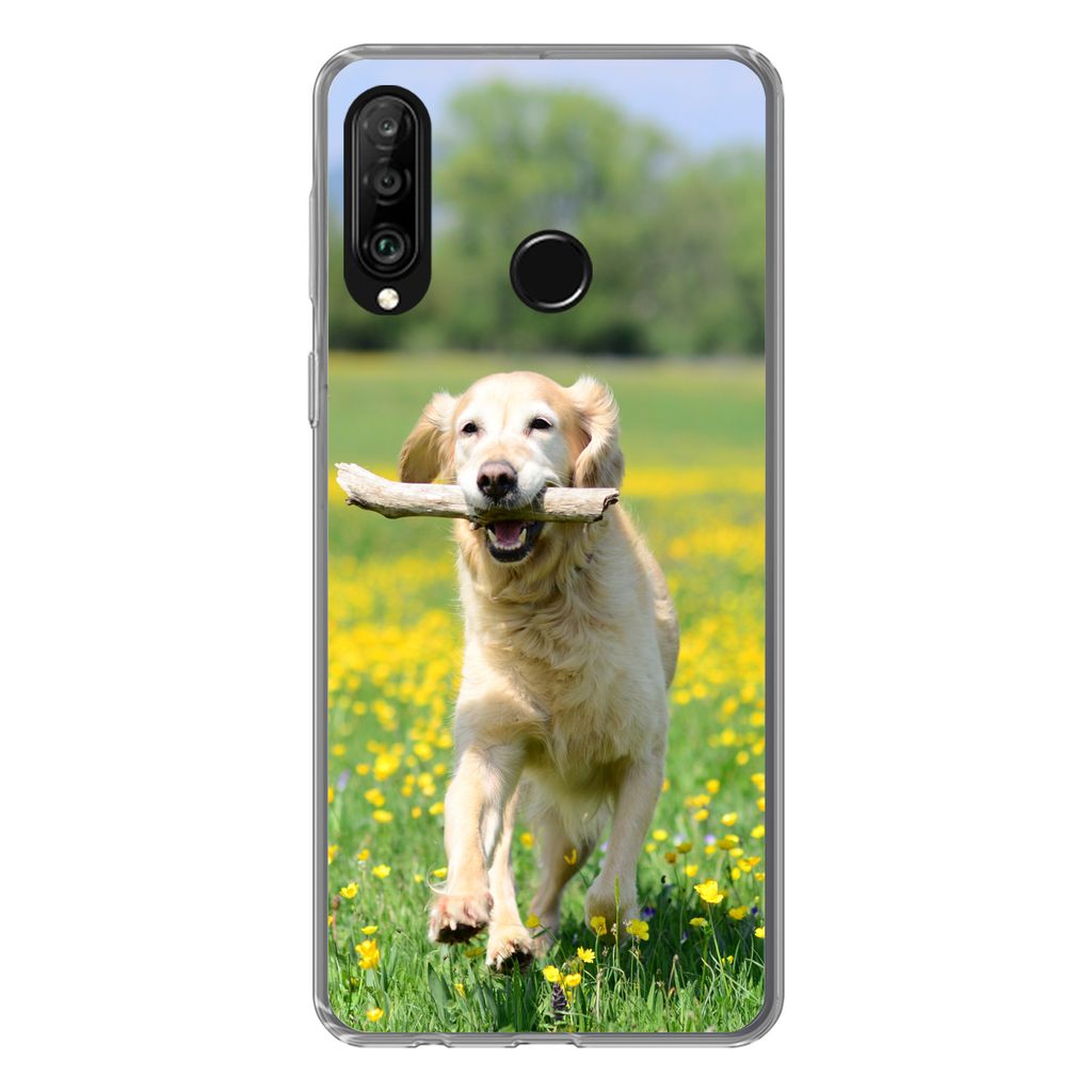 MuchoWow Handyhülle Schutzhülle Hülle für Huawei P30 Lite Golden Retriever mit einem Zweig im Maul zwischen gelben Blumen Silikon Softcase Ha...
