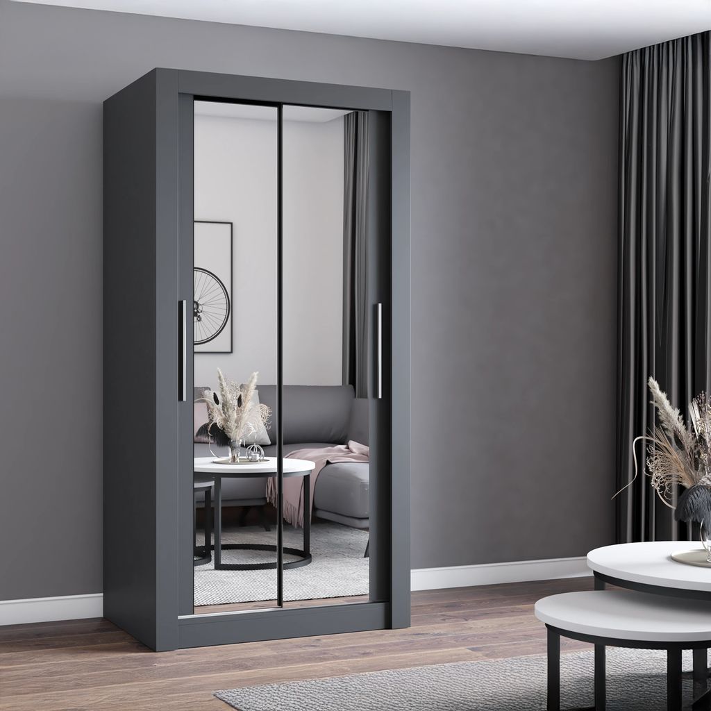 Kleiderschrank Schwebetürenschrank Schrank 100cm Grau/Grau Produktbild 