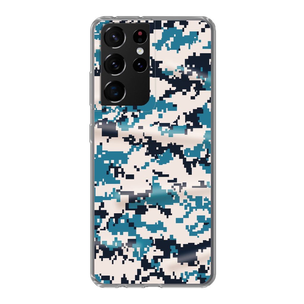 MuchoWow Handyhülle Schutzhülle Hülle für Samsung Galaxy S21 Ultra Blaues und weißes Camouflage-Muster Silikon Softcase Handy Hülle - Mobil...