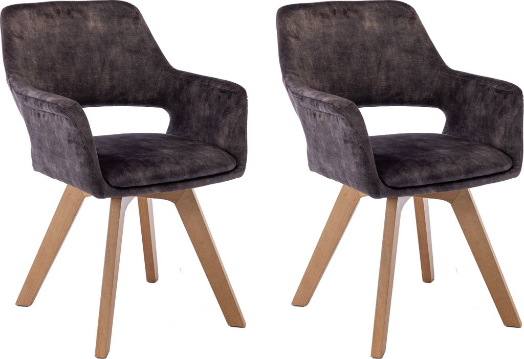 Two upholstered chairs with wooden legs are shown against a white background.