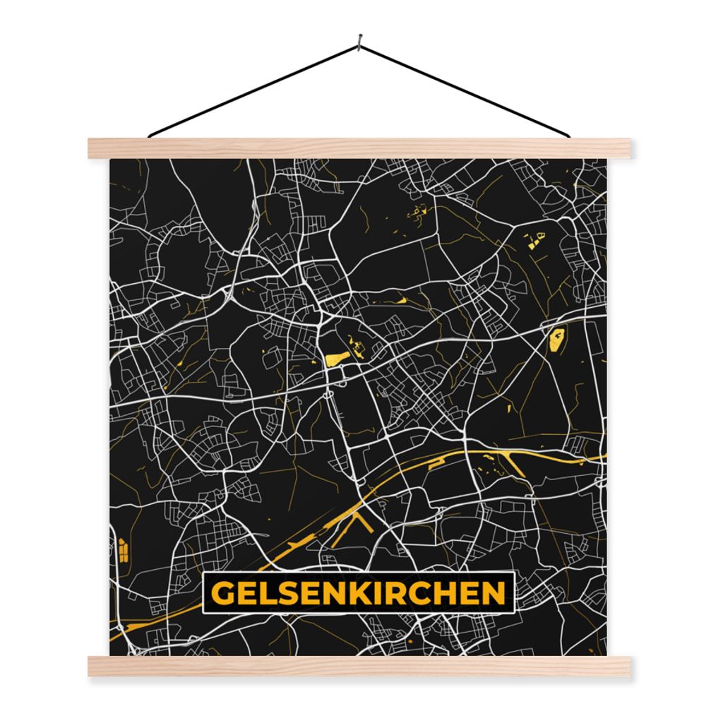 MuchoWow Textilposter Gelsenkirchen - Karte - Deutschland - Gold - Stadtplan 60x60 cm mit holzfarbenen Rahmen - Wanddekoration