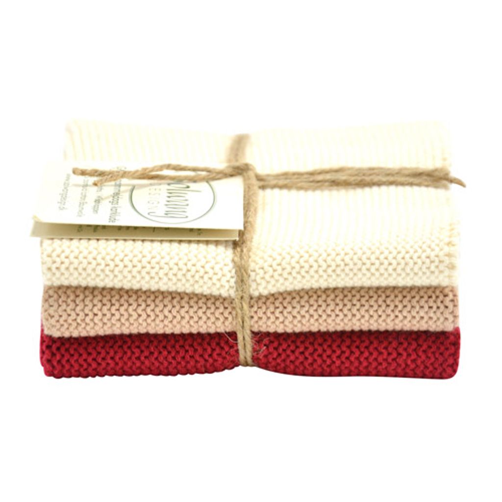 Solwang Wischtuch NATUR NOUGAT TIEF ROT KOMBI gestrickt 3er Küchentuch Putztuch