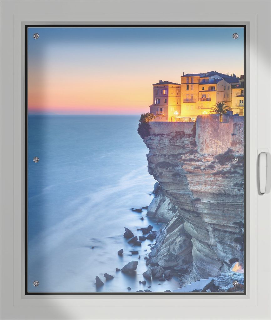 Wallario Lichtschutzbild, Dekorativer Sichtschutz Sonnenschutz 76 x 93 cm mit Motiv: Haus an der Klippe - Verdunklung ohne Bohren