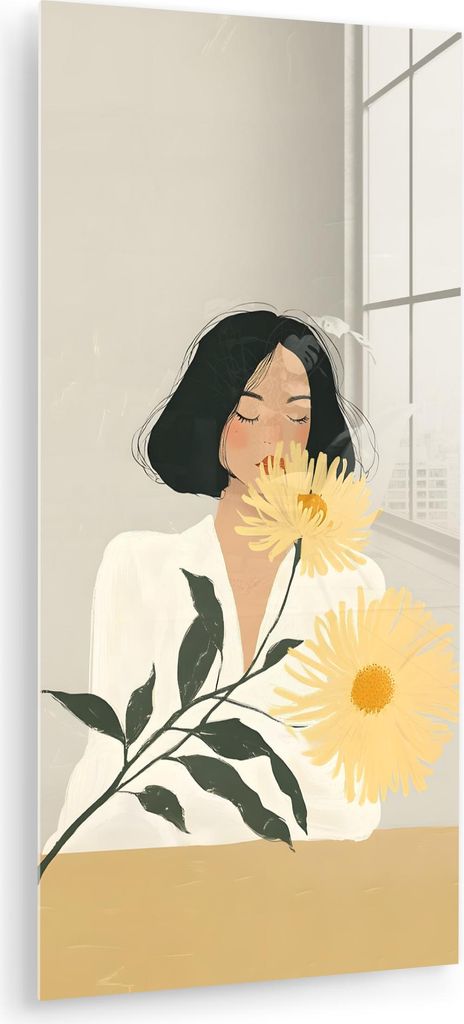 MuchoWow Glasbilder - Bilder auf Wandbild - Foto auf Glas Frau - Blume - Gelb - Minimalistisch 60x120 cm Wanddekoration aus Glas - Acrylglasbild - ...