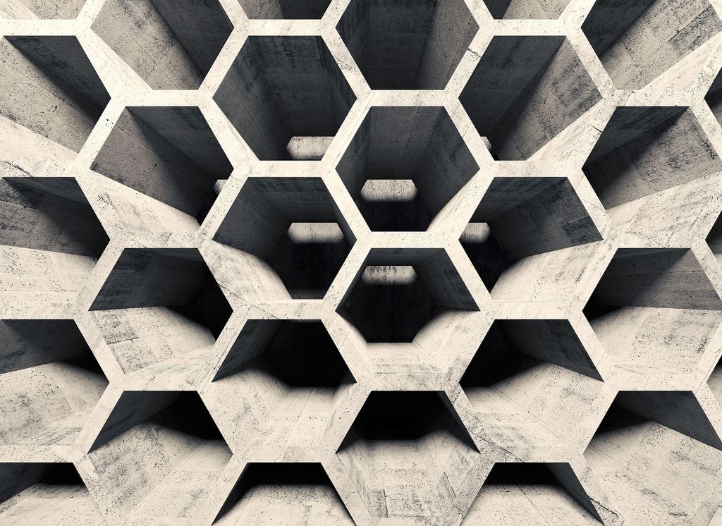 Beton Tapete in 3D Optik | Hexagon Fototapete in Grau für Küche und Flur | Besondere Vlies Fototapete mit Wabenmuster in