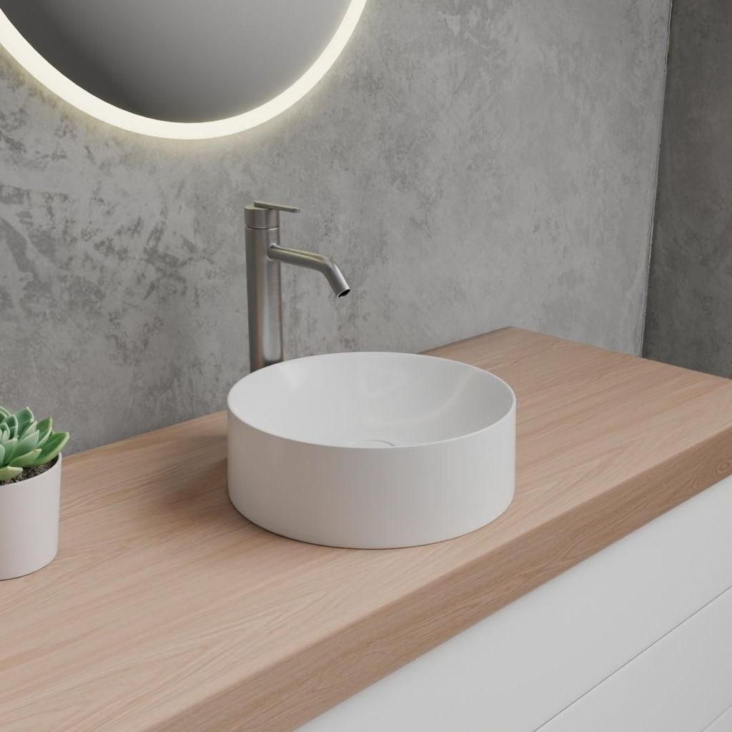 MIT ARMATUR Lindbergh "Bianco + Aquasteel Proline" Waschbecken, Aufsatzwaschbecken aus hochwertigem Mineralguss, Weiß, 390 mm, Rund, Badezimmer