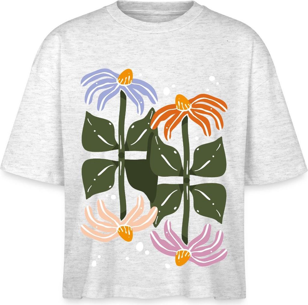 Spreadshirt Bunte Retro Blumen Illustration Im Boho Stil Boxy Shirt Damen, L, Weiß meliert