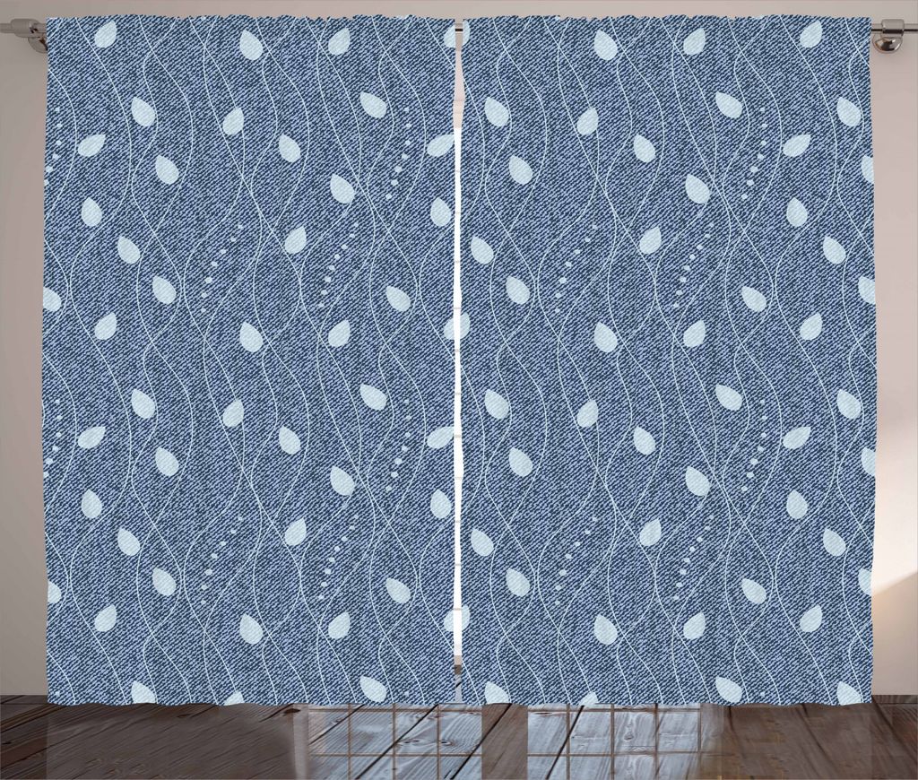 ABAKUHAUS Blätter Rustikaler Vorhang, Zweige über Denim, Wohnzimmer Universalband Gardinen mit Schlaufen und Haken, 280 x 245 cm, Babyblau