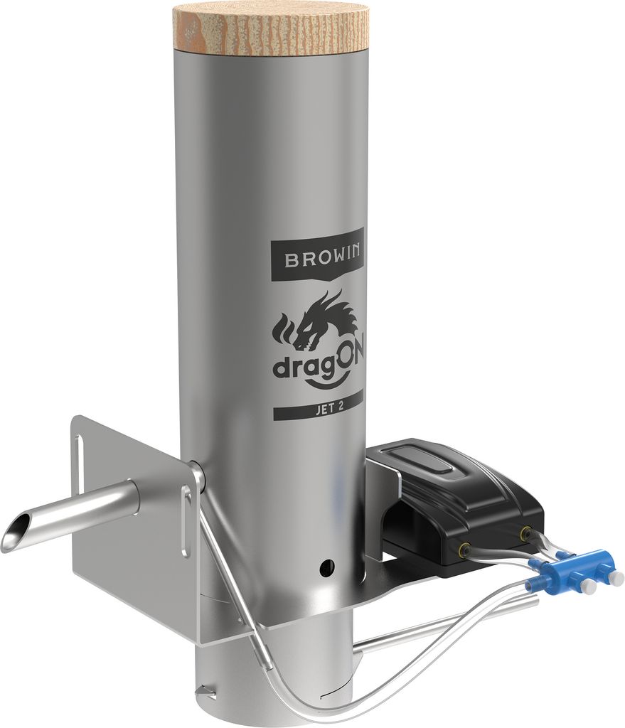 A stainless steel smoker generator with a wooden lid and an attached electric pump.