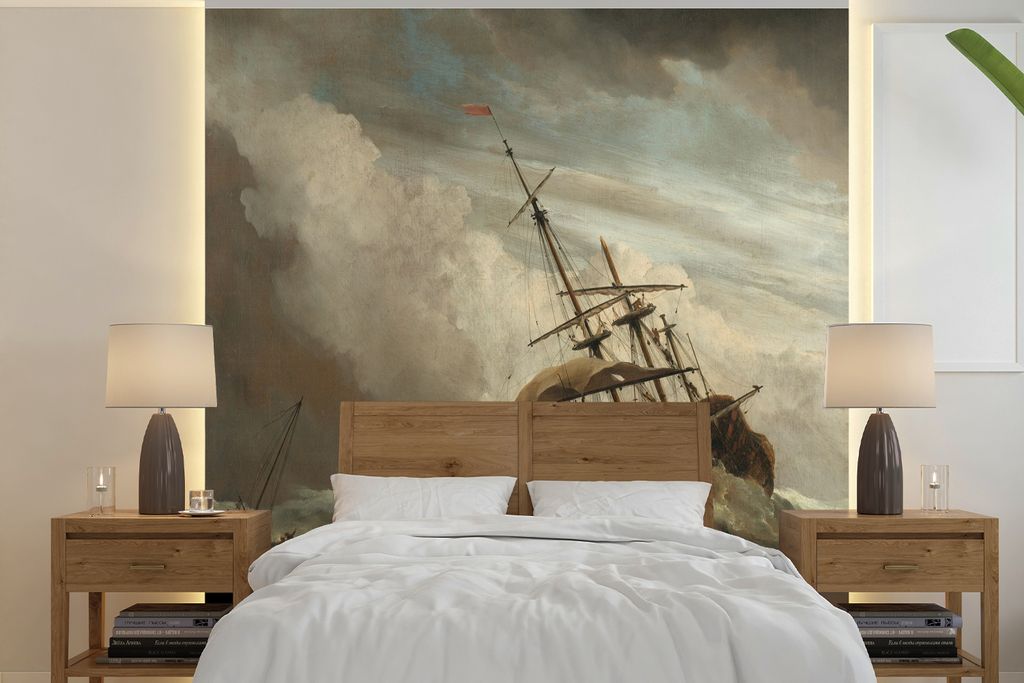MuchoWow Fototapete für Wohnzimmer oder Schlafzimmer Wandtapete Vinyl Motivtapete Ein Schiff auf offener See während eines Sturms - Gemälde vo...