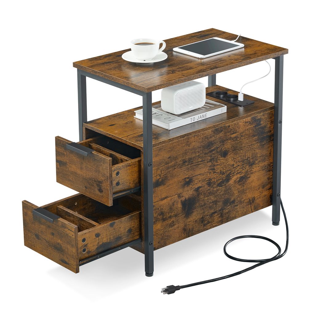 A side table with drawers, charging ports, and a tablet and cup on top, set against a white background.