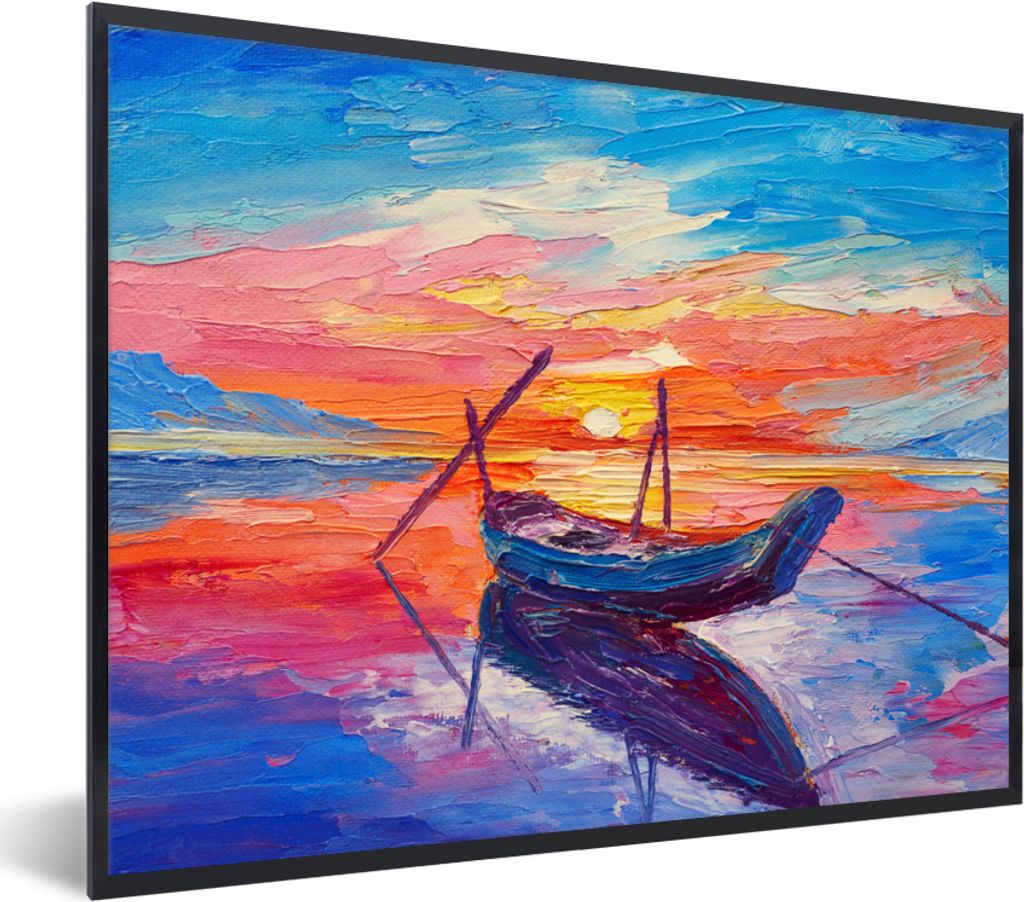 MuchoWow Gerahmtes Poster Malerei - Boot - Ölfarbe - Wasser 80x60 cm - Poster mit Schwarzem Bilderrahmen Wandposter Rahmen Foto Bilder - Schwarz...