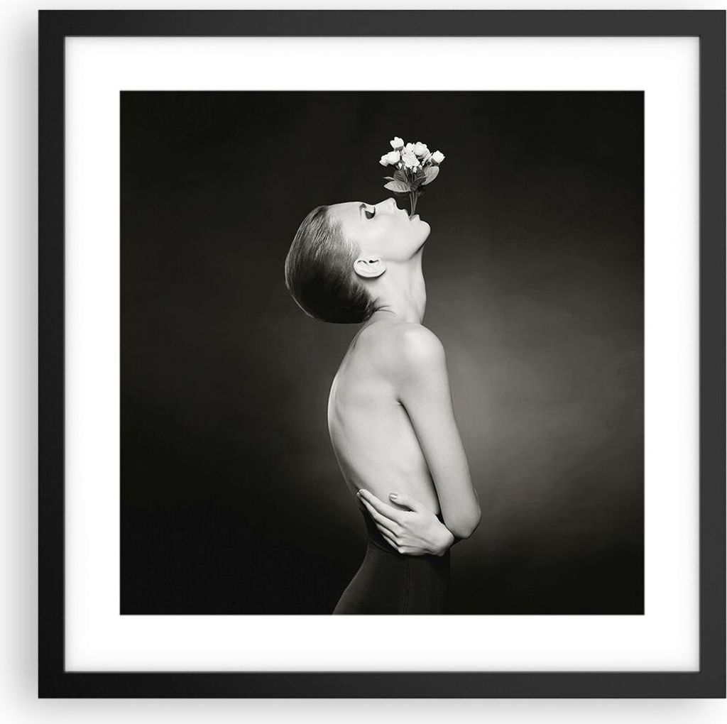 Gerahmtes Poster - Schwarzer Rahmen - Nackt Frau Blumen - 40x40 cm - Wand Bild - Wanddeko - Wandbilder - Kunstposter - Wandposter - Bilderrahmen - ...