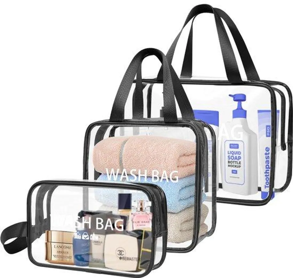 Lot de 3 trousses cosmétiques transparentes avec bordure noire en PVC