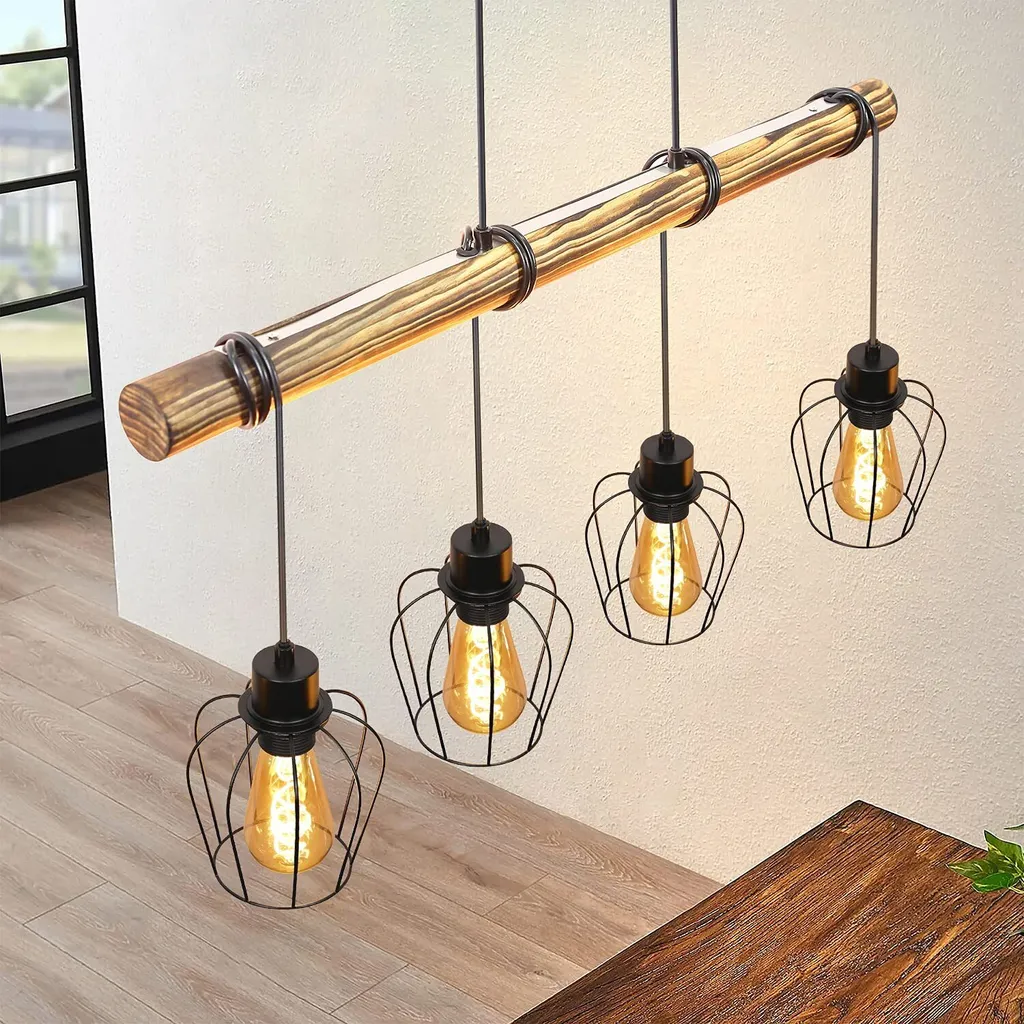 ZMH Lampe Suspendue Bois et Noir à 4 Ampoules E27 pour Salle à Manger