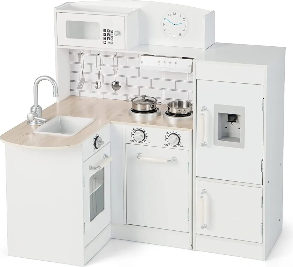 Cuisine d'angle enfant pour jouer à plusieurs avec rangements et bois
