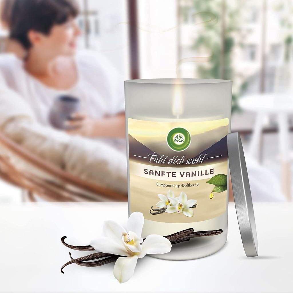 Air Wick Duftkerze Traumhafte Vanille – Satiniertes Glas, Bis Zu 20h Brenndauer, Mit ätherischen Ölen
