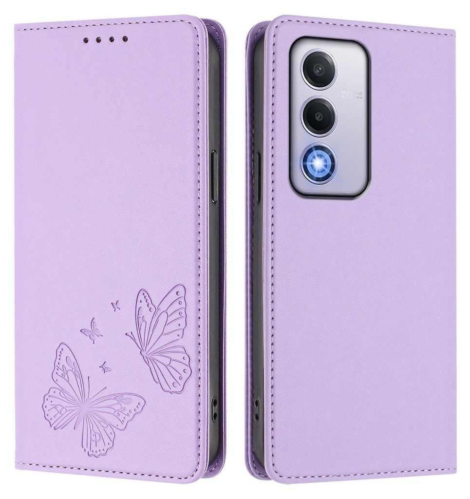 Lederhülle für Oppo A80 5G, Schmetterling Prägung Leder Brieftasche Schutzhülle mit Ständer Violett