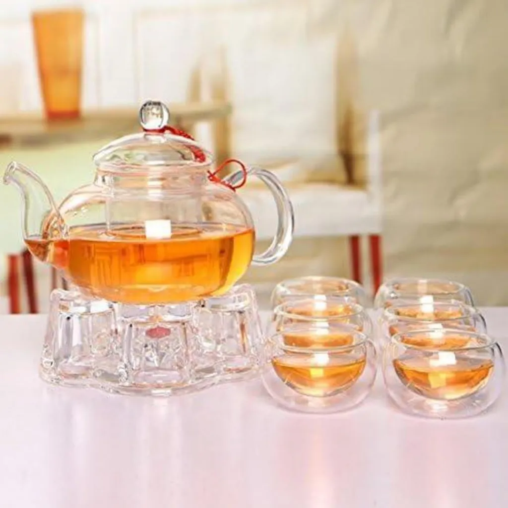 Teiera in Vetro Borosilicato 600ml con 6 Bicchieri | Set Tè Elegante