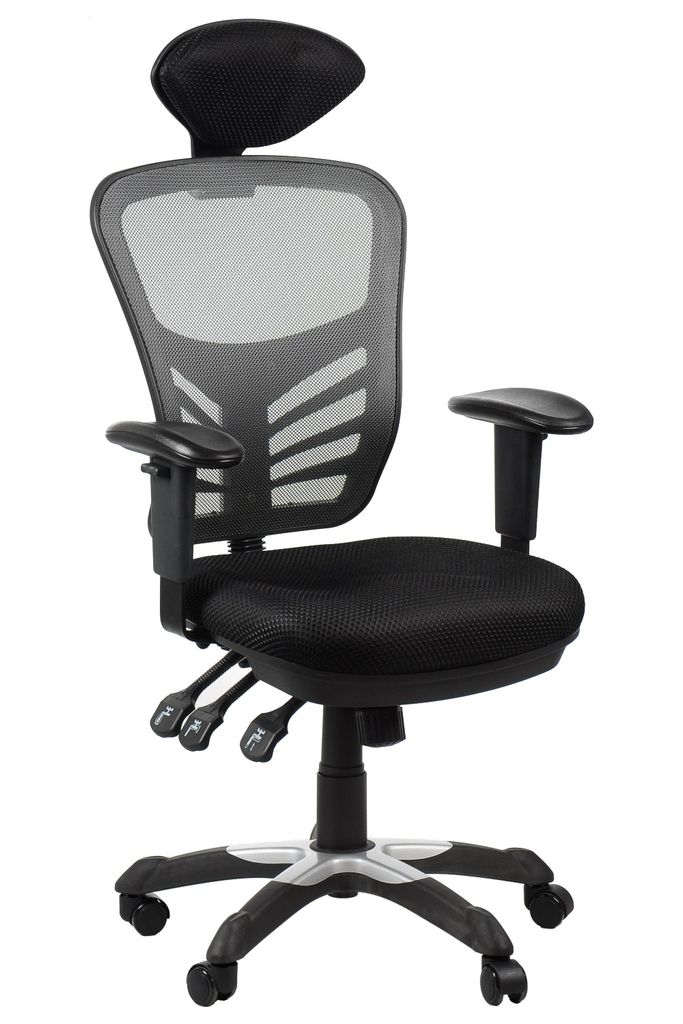 Ergonomischer Bürodrehstuhl HG-0001H, Nylonbasis, verstellbare Armlehnen, Kopfstütze, Schwarz/Grau