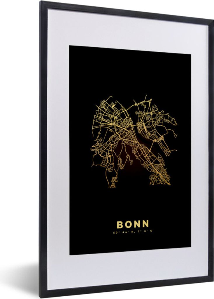 MuchoWow Gerahmtes Poster Karte - Bonn - Gold - Stadtplan 40x60 cm - Poster mit Schwarzem Bilderrahmen Wandposter Rahmen Foto Bilder - Poster in ...