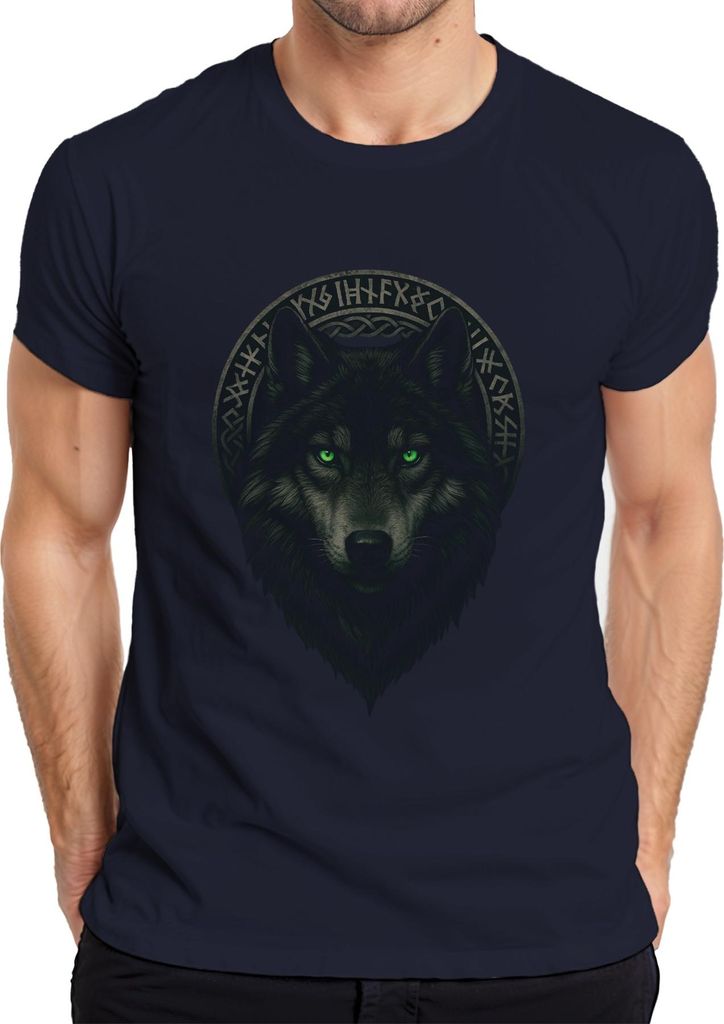 Wolfkopf Runenkranz Nordischer Wolf Mystik Gothic Fantasy Viking Herren T-Shirt, Navy, XXL