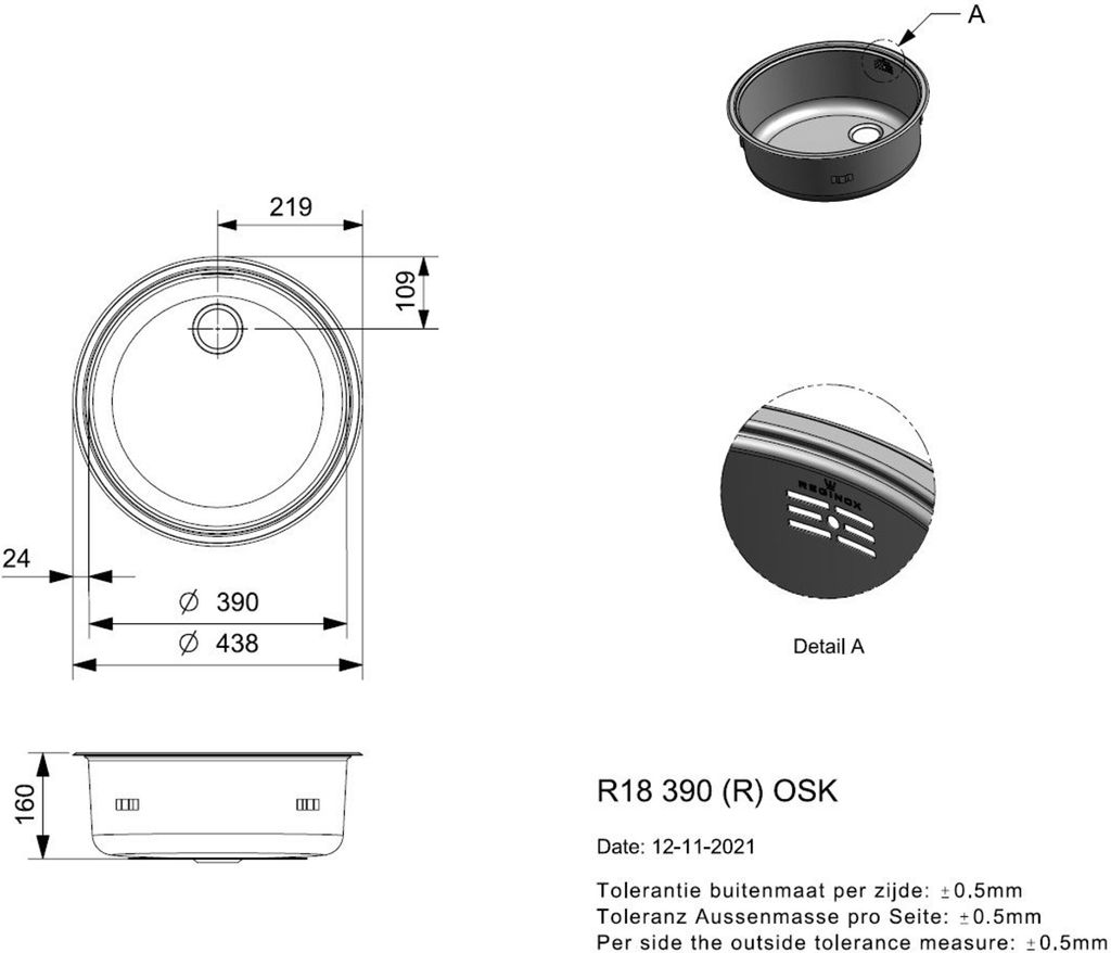 Reginox Einbauspüle R18 390 OSK Edelstahl - rundes Einzelbecken