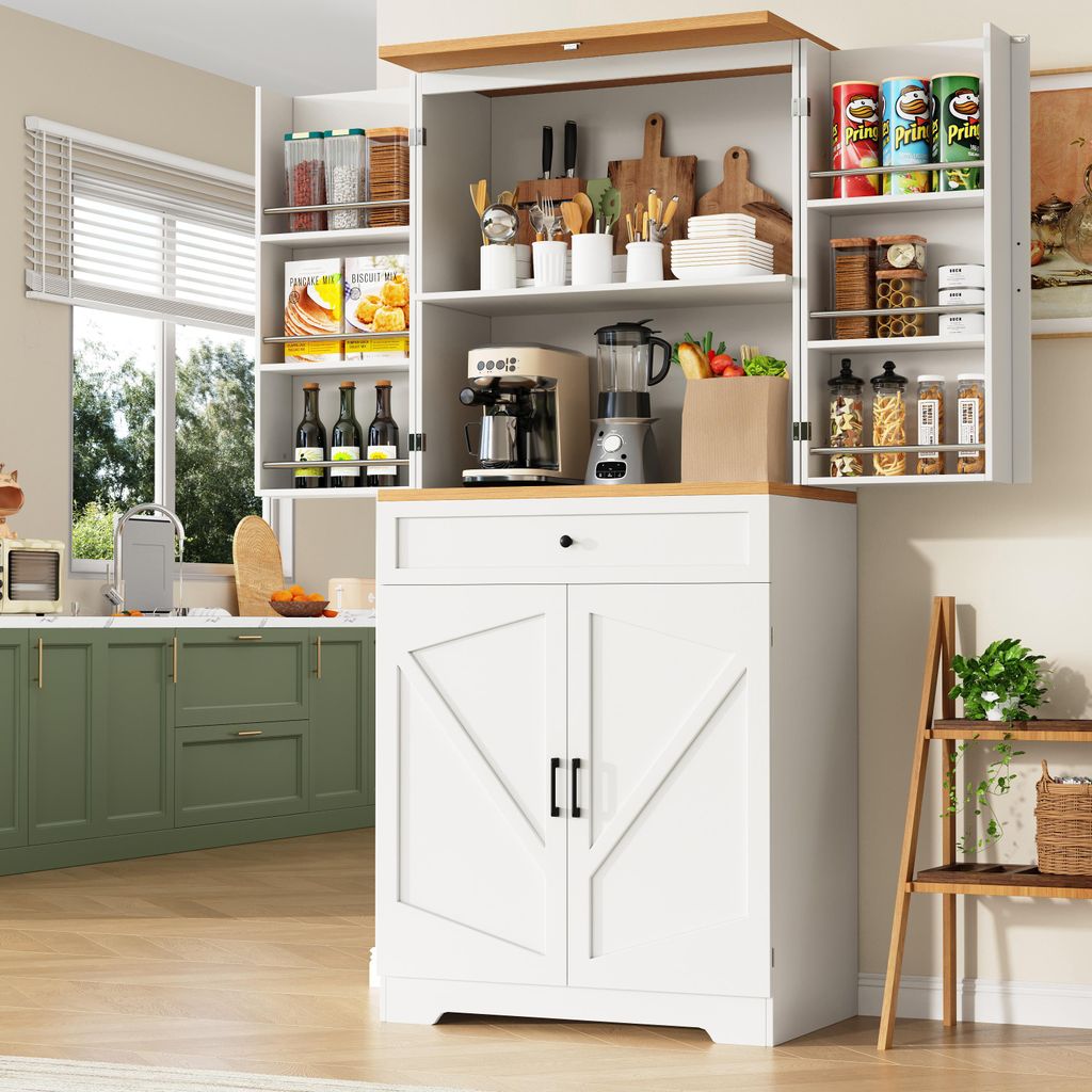 Flieks Küche Hochschrank Aufbewahrungsschrank mit Schublade und Snackregalen, Sideboard Kommode Buffetschrank 80x40x180cm, Weiß