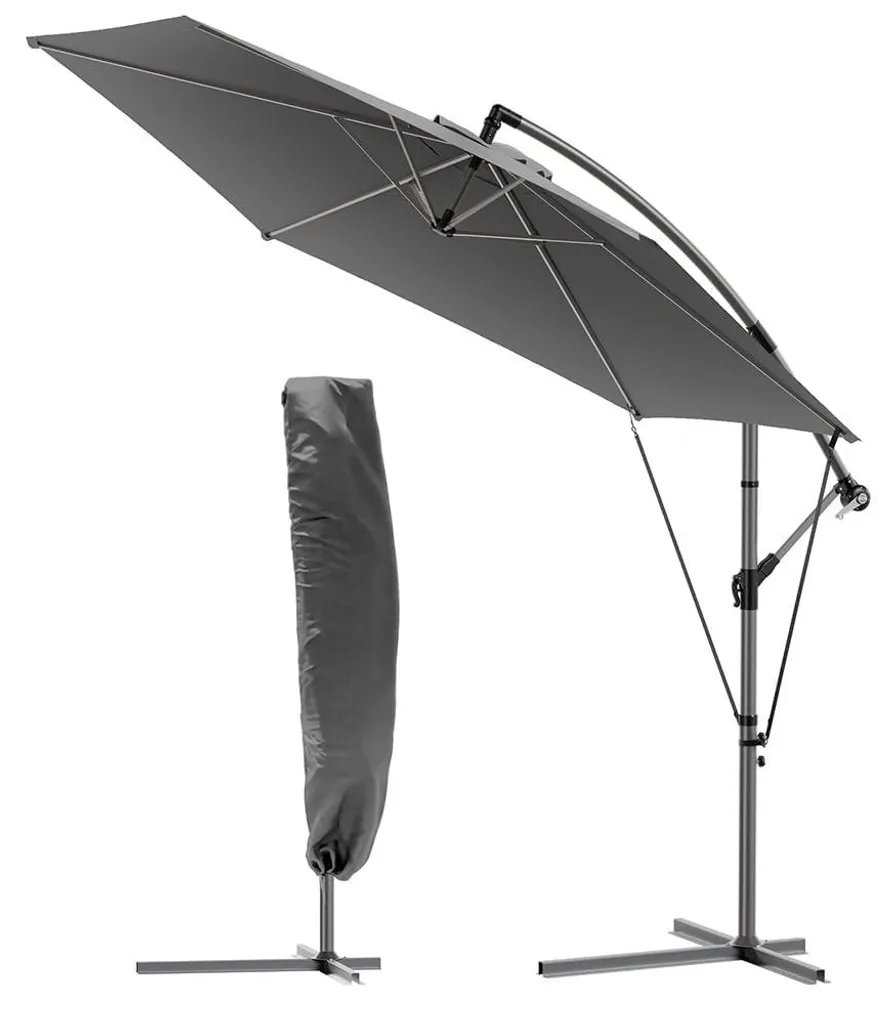 Parasol à bras libre 300 cm gris avec manivelle et housse de protection