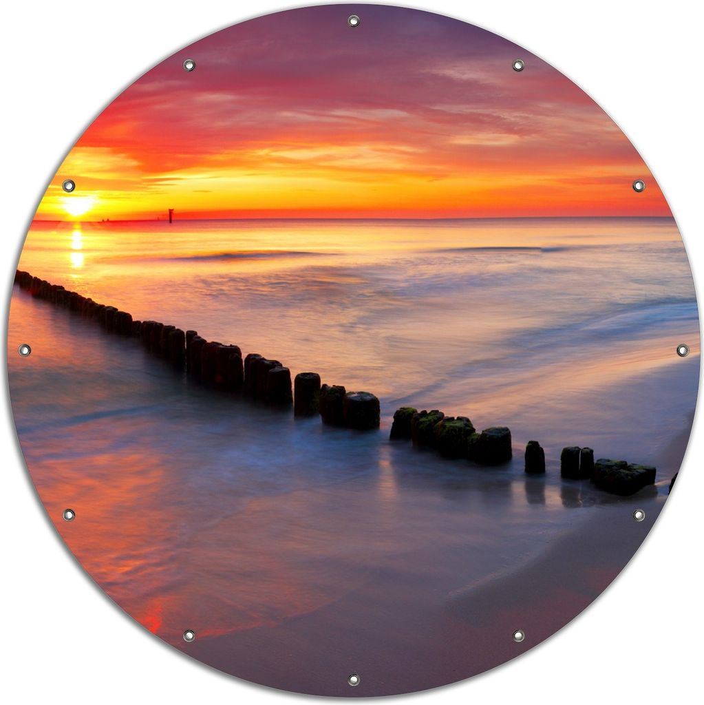 Wallario rundes Outdoor-Poster für Garten oder Balkon, Motiv Farbenspiel im Himmel - Sonnenuntergang am Strand, 120 cm Durchmesser