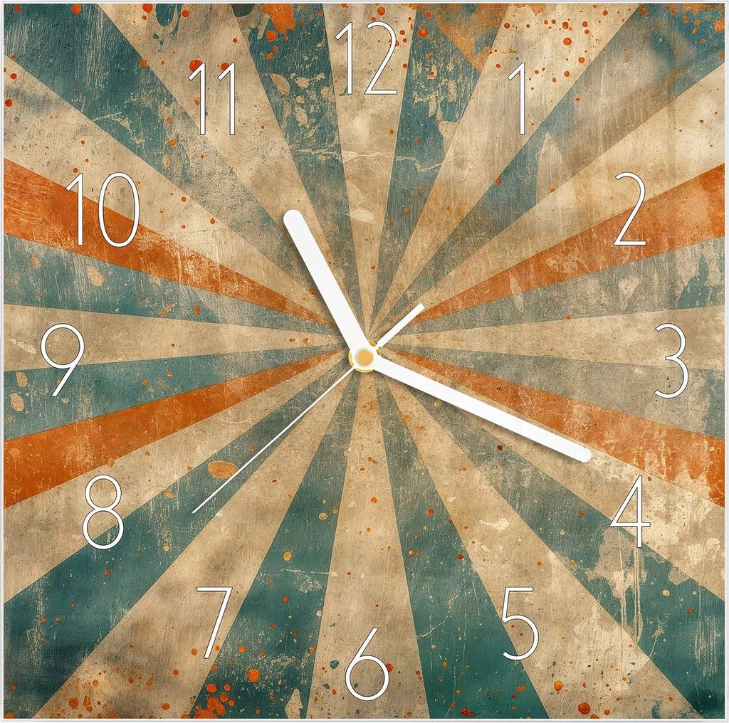 Wanduhr aus Glas mit Motiv Retro Strahlen Design- 30 x 30 cm - inkl. Aufhängesystem