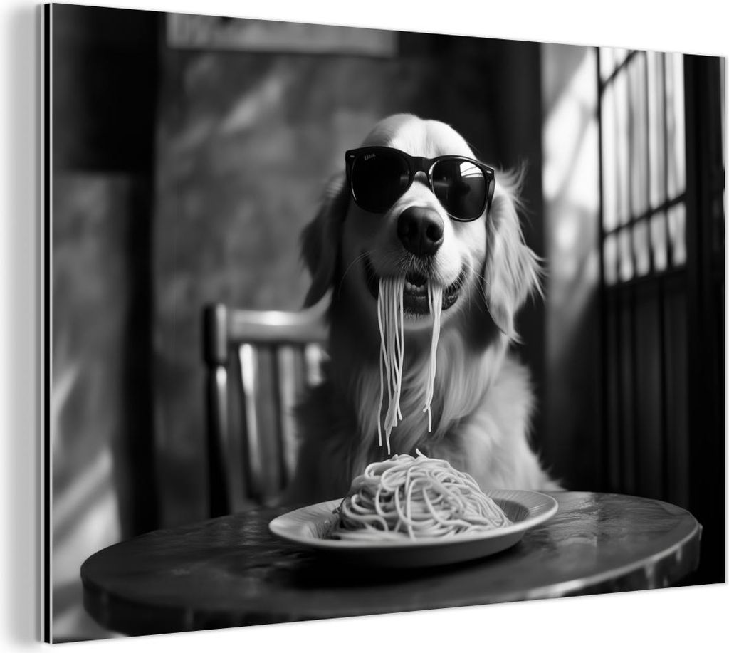 MuchoWow Wanddekoration Metall Metallbild Wandkunst 150x100 cm Golden Retriever - Hund - Fröhlich - Teller Spaghetti - Schwarz - Weiß MuchoWow Al...