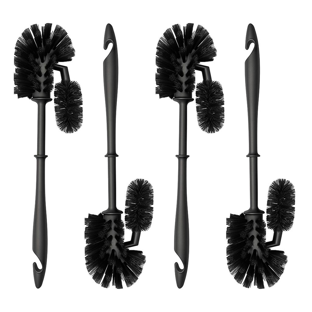 Four black toilet bowl brushes with handles and smaller cleaning brushes attached.